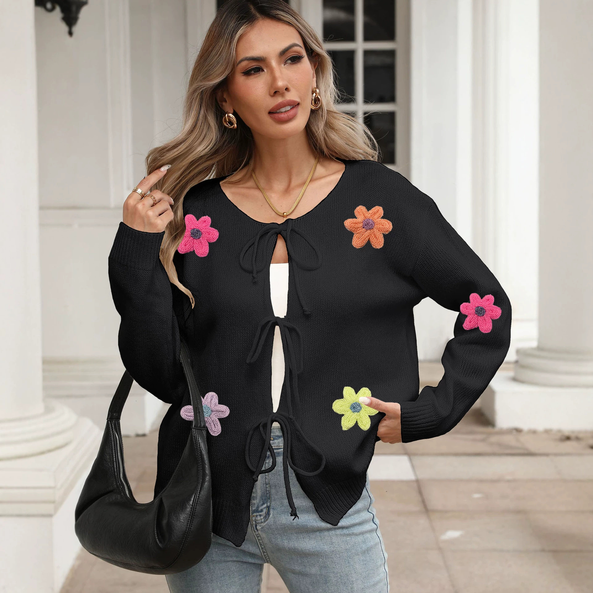 Women's Tie-Front Bow Wool Embroidered Floral Cardigan Sweater