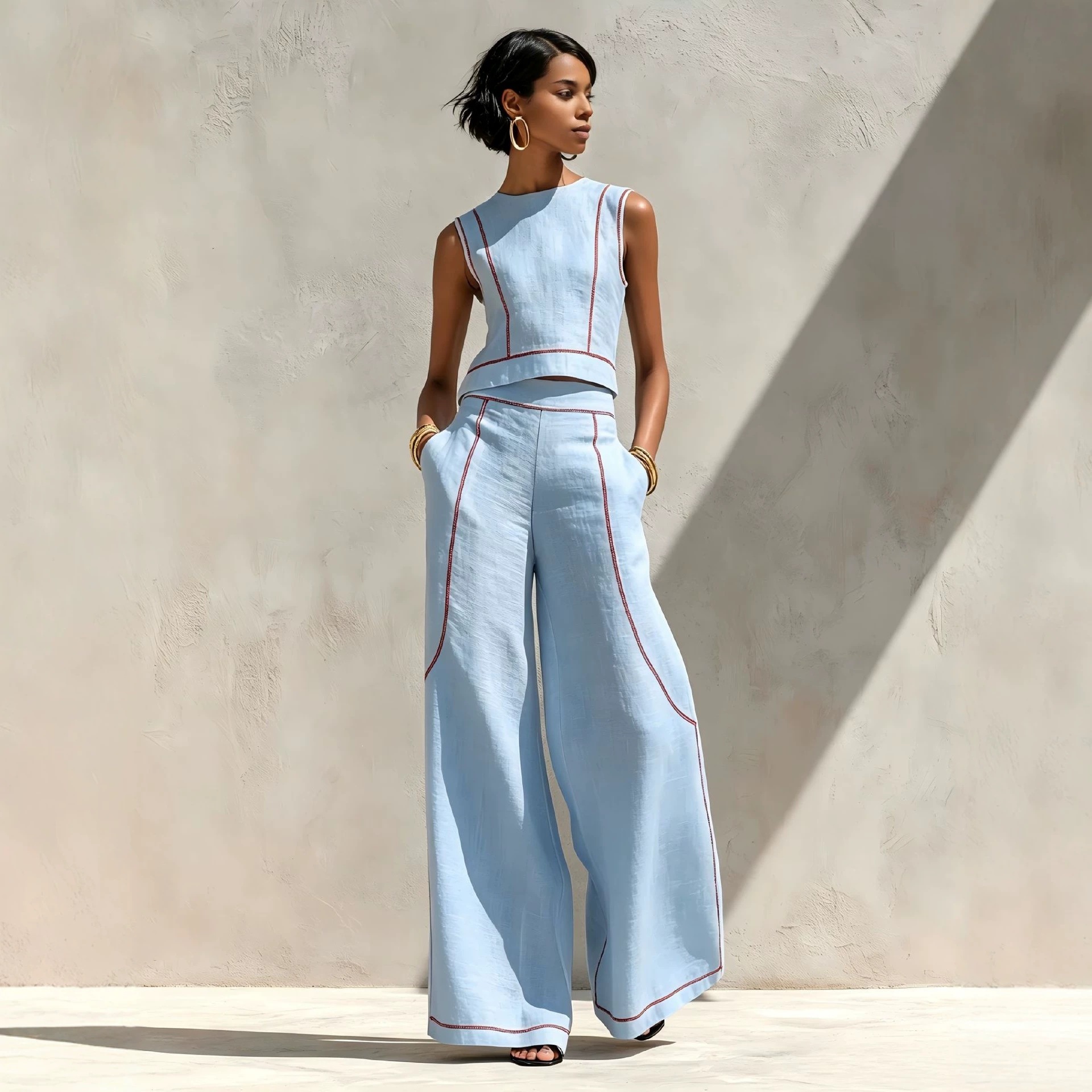 Women's Sleeveless Colorblock Wide-Leg Pants Set Casual Two-Piece