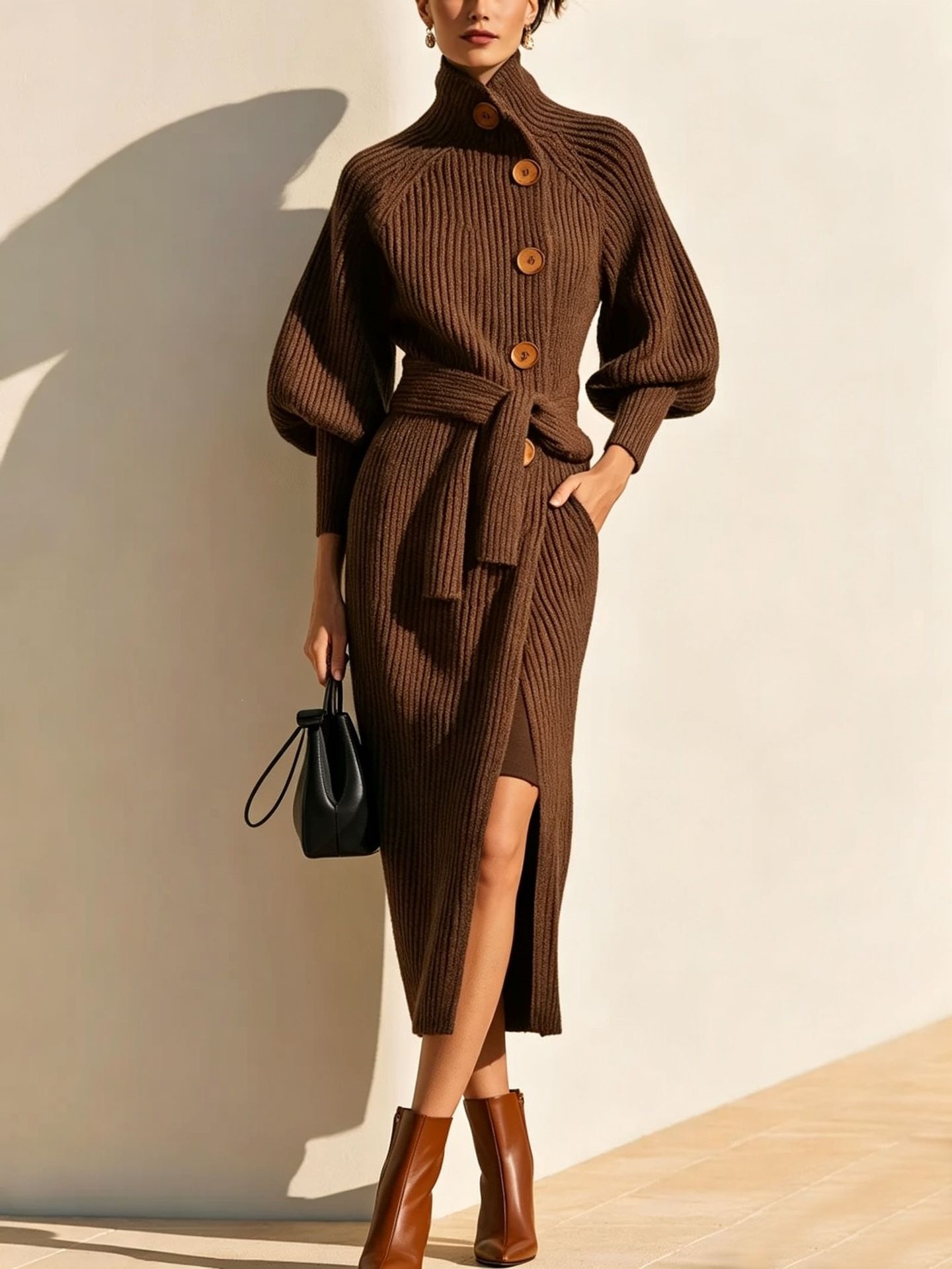 Women's French Thick Knit Sweater Dress Long Sleeve Stand Collar