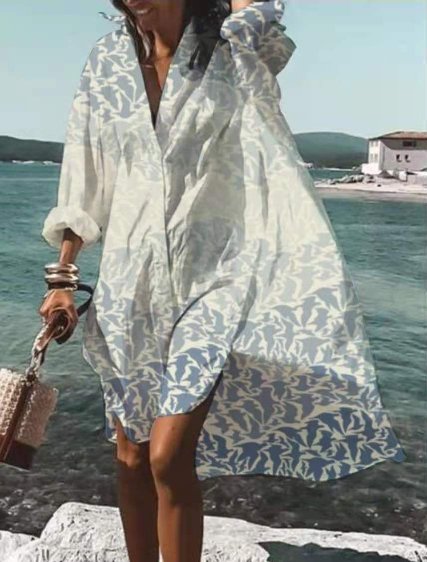 Women's Loose Digital Print Long Sleeve Collared Shirt Dress