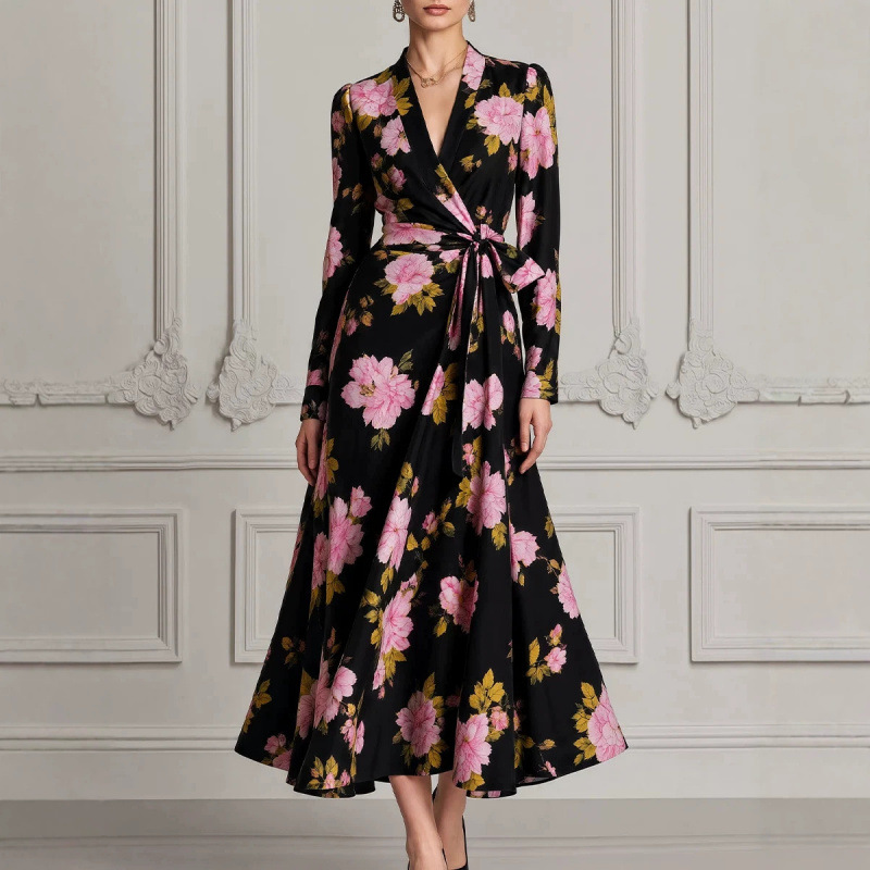 Floral Print V-Neck Midi Dress High Waist Slim Fit