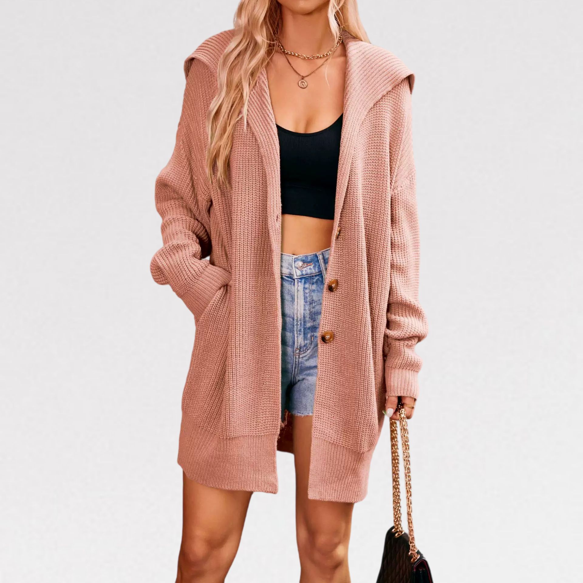 Women's Long Hooded Knit Cardigan with Pockets and Buttons