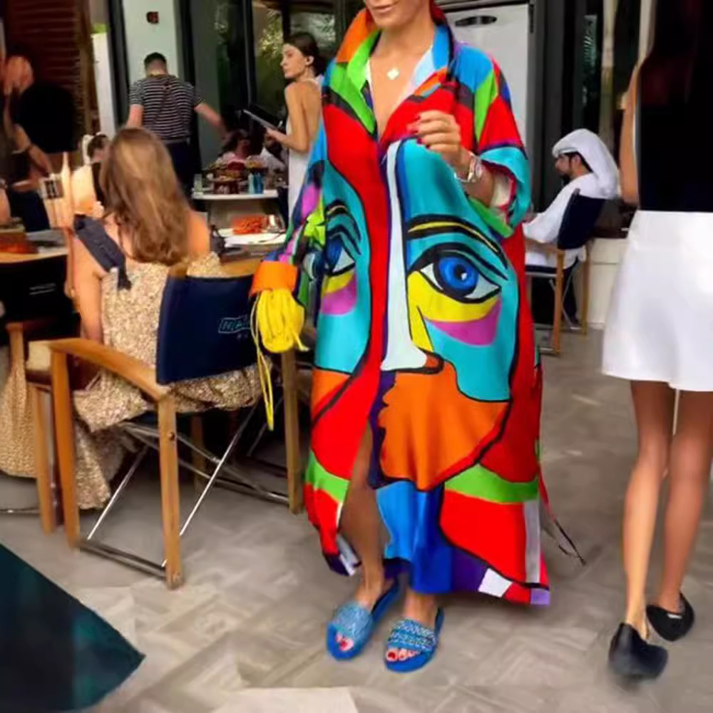 Women's Loose Colorful V-Neck Button Long Sleeve Dress