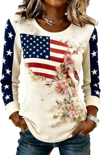 Women's American Flag Floral Print Crewneck Sweatshirt