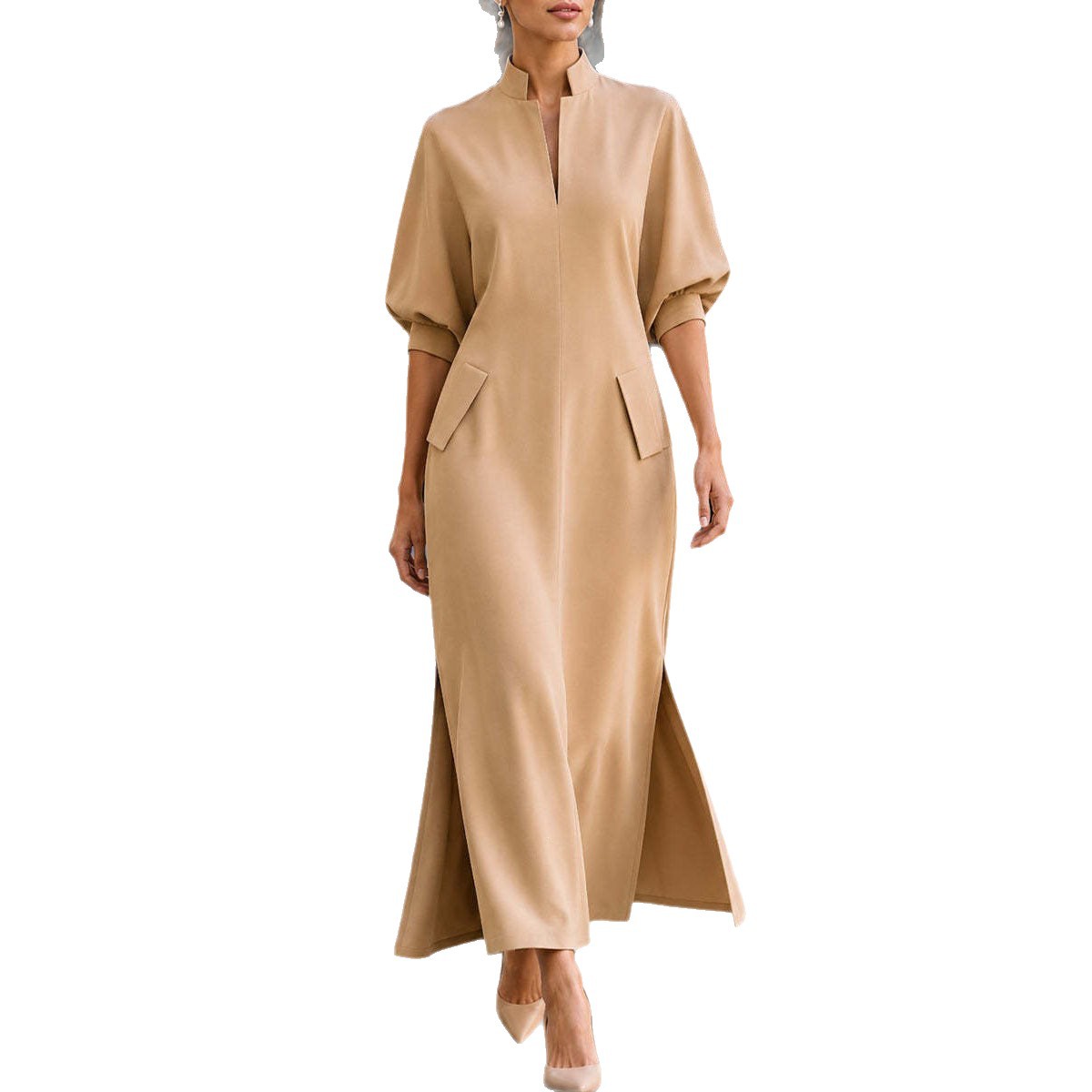 Elegant Solid Color Waist-Cinched Stand Collar Dress