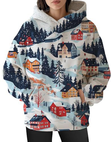 Women's Christmas Print Hoodie with Lantern Leaf Motif