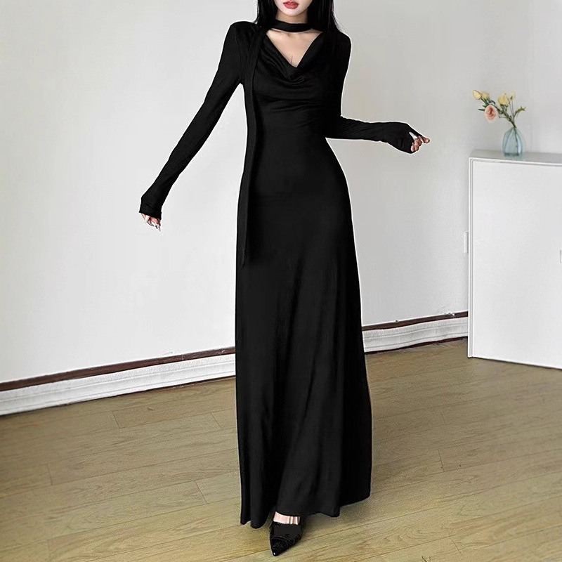 Off-Shoulder V-Neck Long-Sleeve Slimming Midi Dress