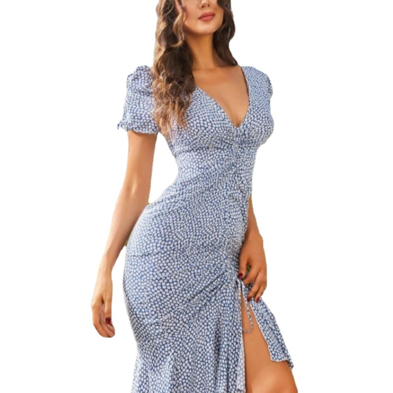 V-Neck Waist-Cinching Long Bodycon Dress Blue Floral Print Commuter