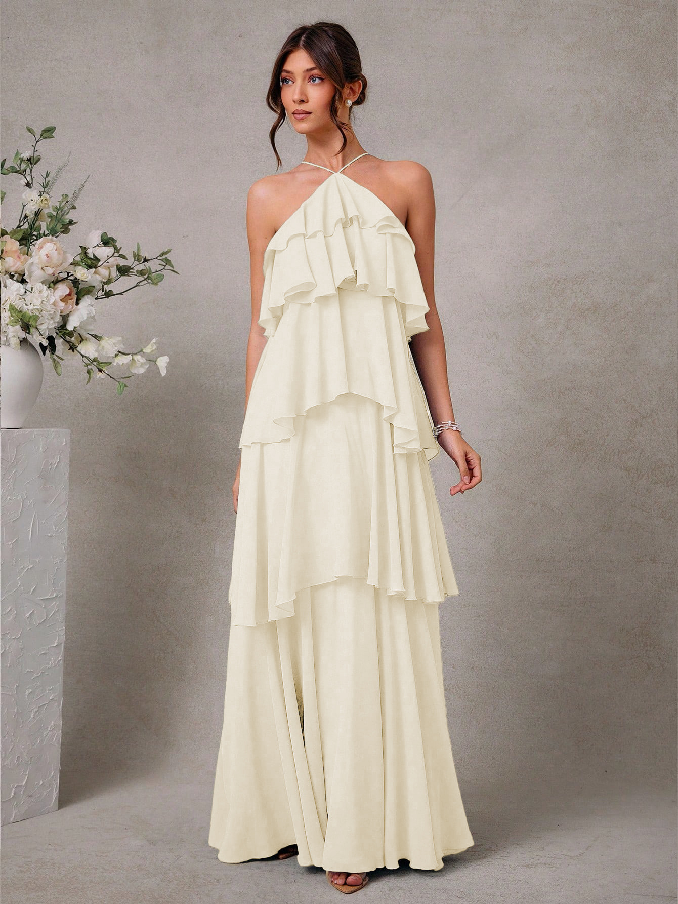 Halter Neck Ruched Open Back Asymmetric Ruffle Maxi Dress