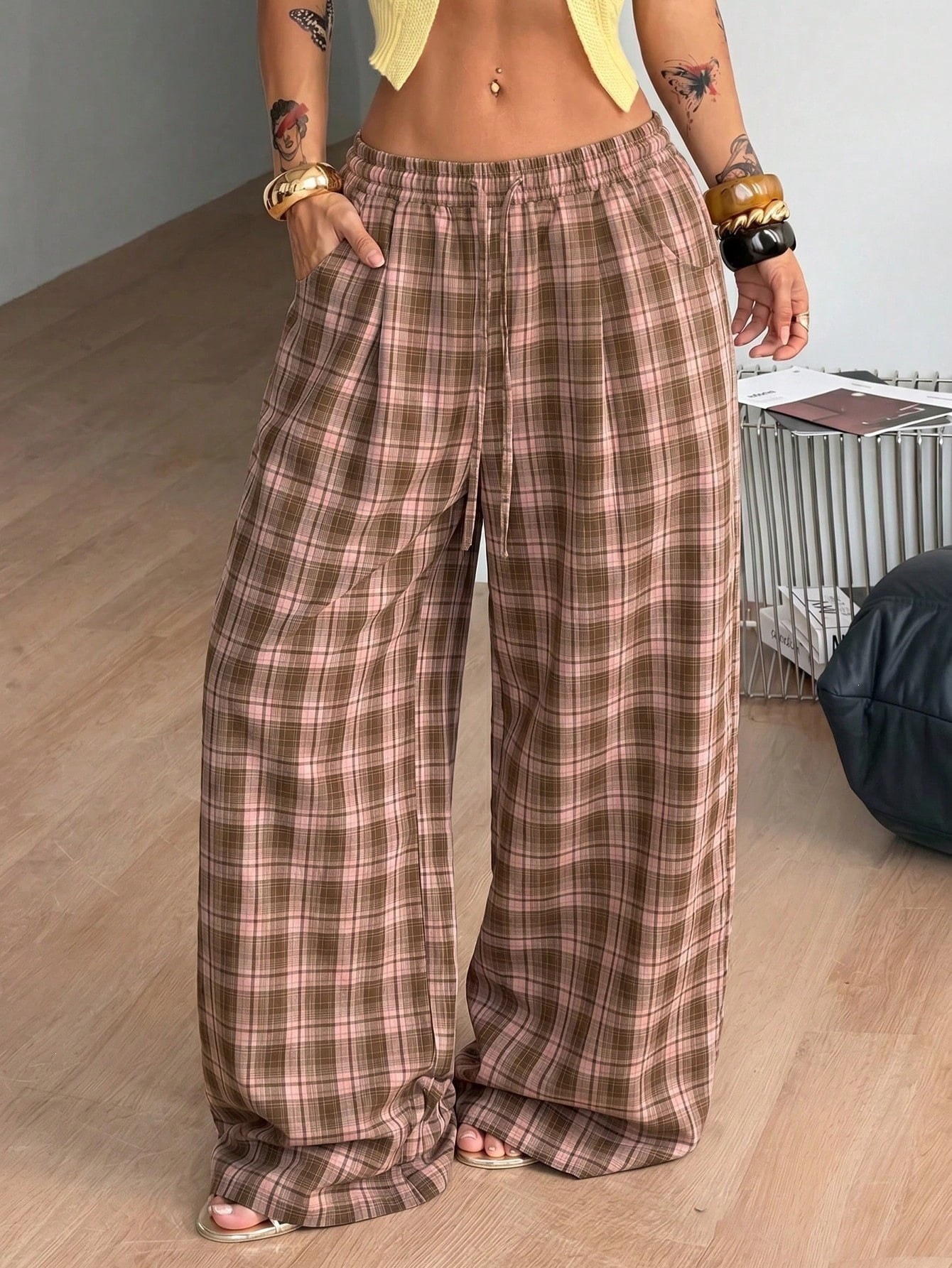 Y2K Retro Plaid Drawstring High-Waist Wide-Leg Pants with Pockets