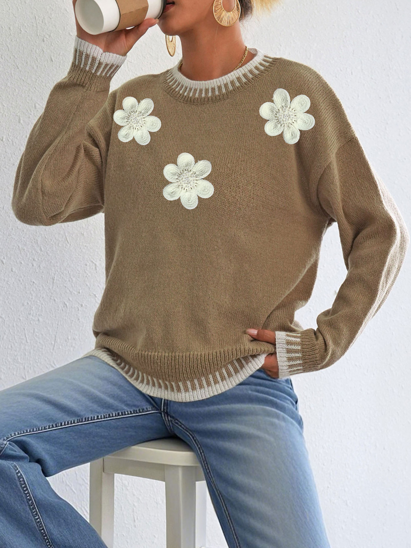 Color-Block Pullover Sweater with 3D Floral Embroidery & Beads