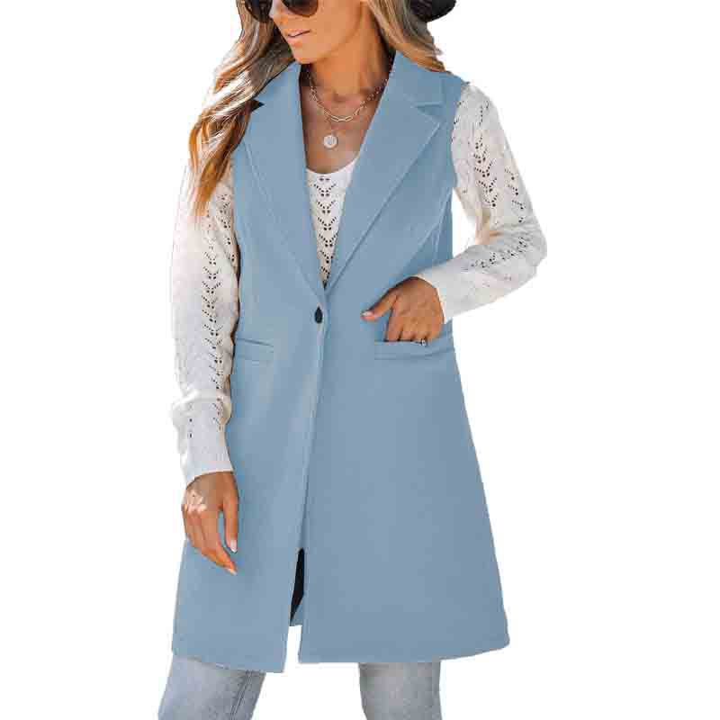 Women's Wool-Blend Sleeveless Vest with Lapel Collar and Button