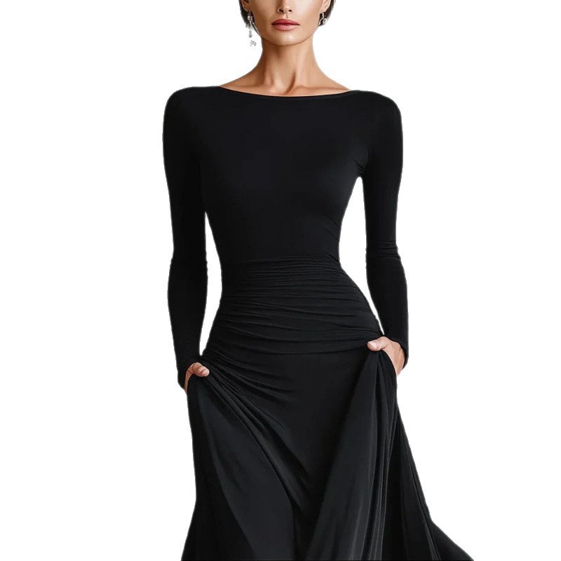 Elegant Solid Color Wrap Boat Neck Long Sleeve Midi Dress