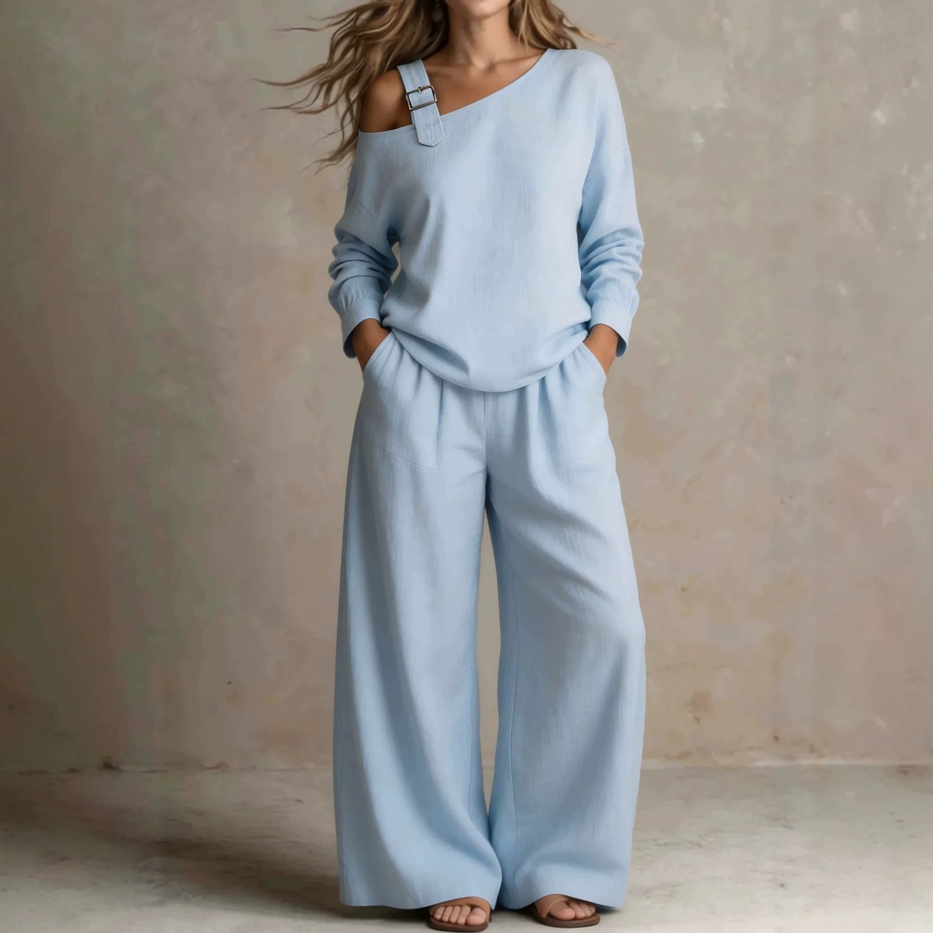 Women's Casual Loose One-Shoulder Linen-Blend Two-Piece Set