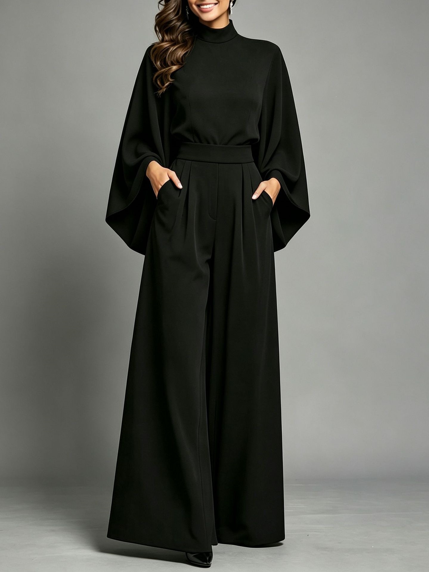 Women's Half-Turtleneck Wide-Leg Two-Piece Set, Long-Sleeve Knit Top and Pants, Loose Fit