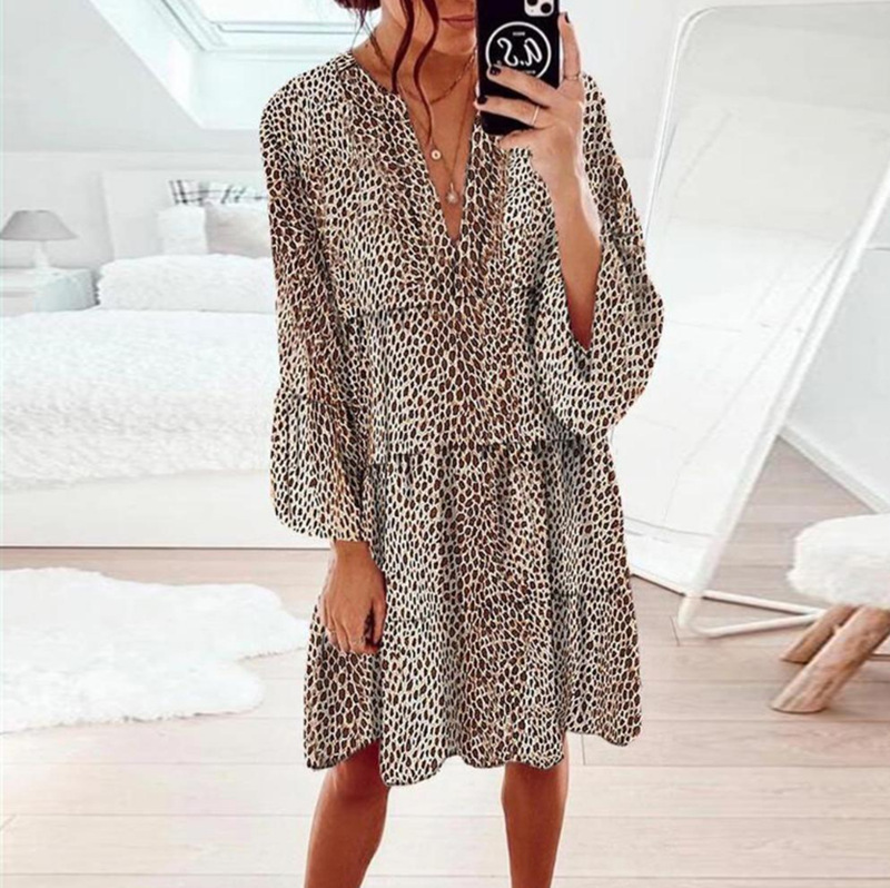 Leopard Print V-Neck Long Sleeve Pleated Midi Dress