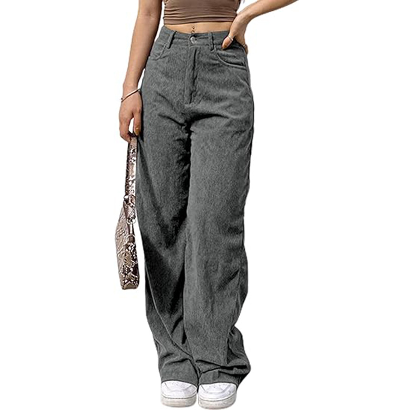 Women's High-Waist Corduroy Wide-Leg Straight Pants Solid Casual