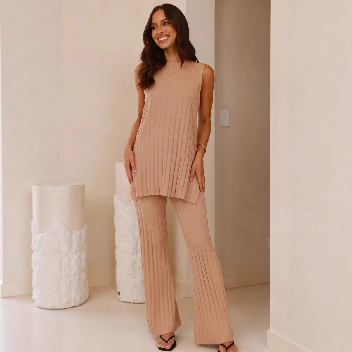 Striped Sleeveless Top and Wide-Leg Pants Two-Piece Set