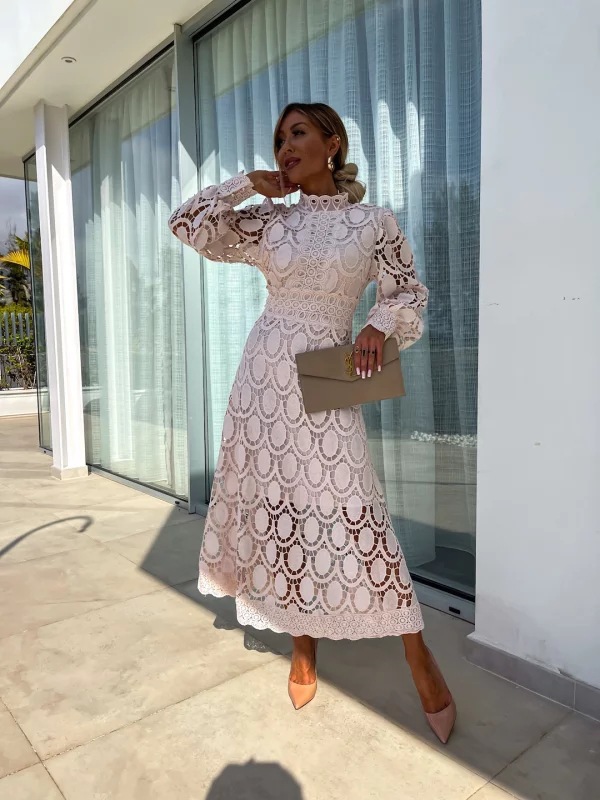 Sexy Cutout Long Sleeve Stand Collar Lace Trim Maxi Dress