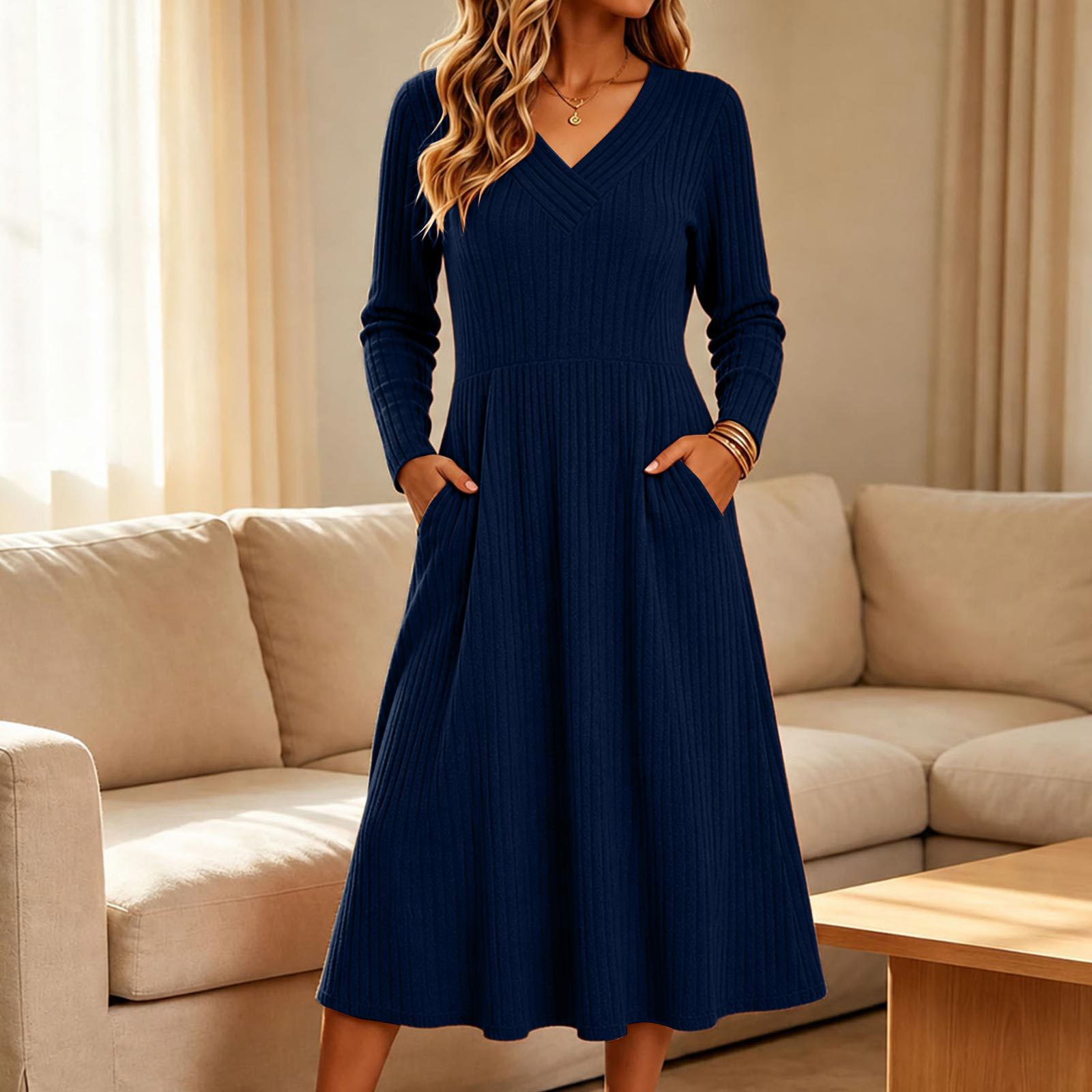 Women's Casual Loose Vintage Ribbed Knit V-Neck Pocket Dress