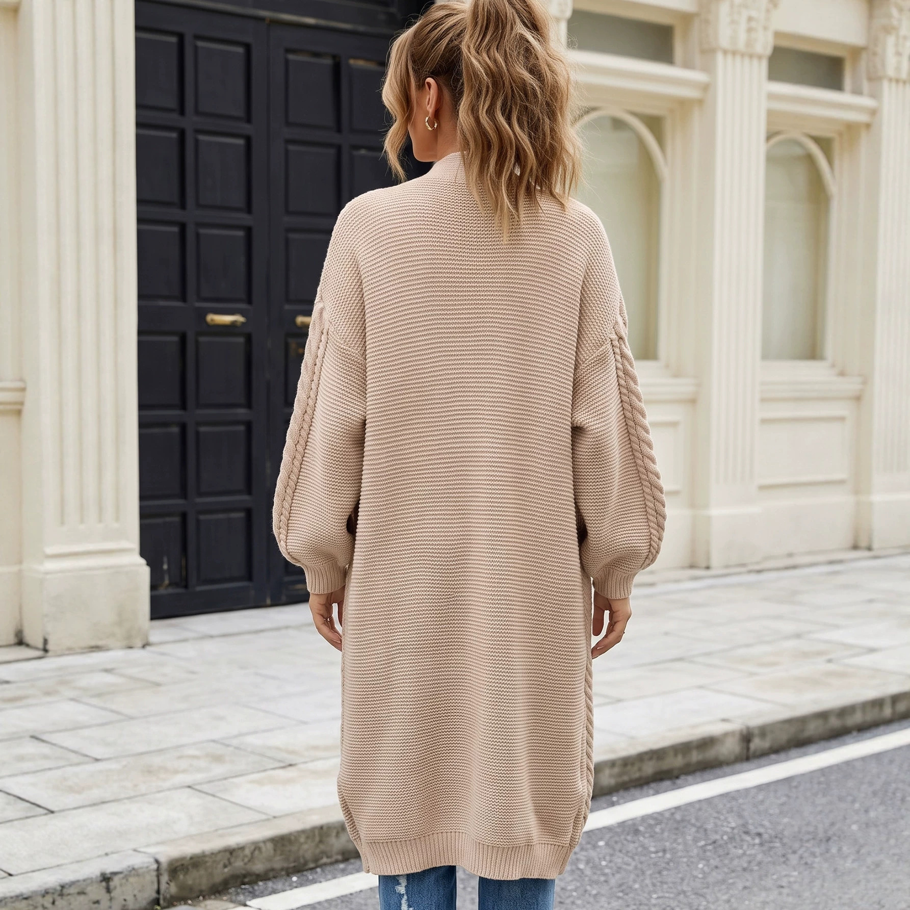 Women's Cable Knit Long Cardigan Sweater Loose Thick Lapel Coat
