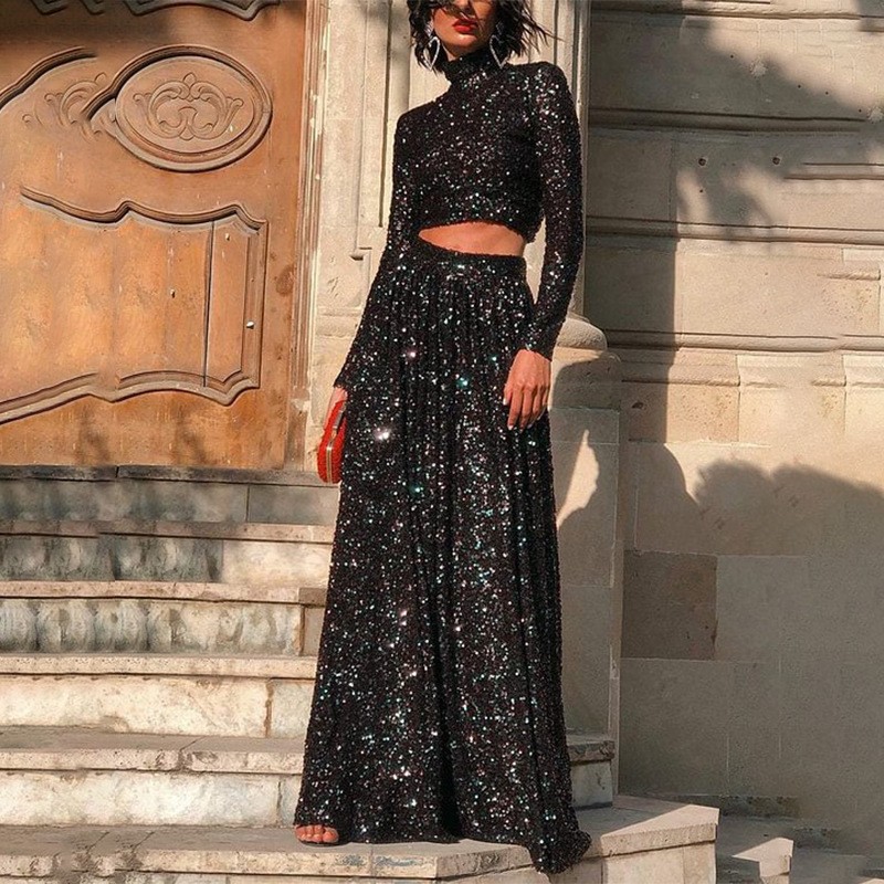 Elegant High Neck Long Sleeve Sequin Maxi Dress for Women