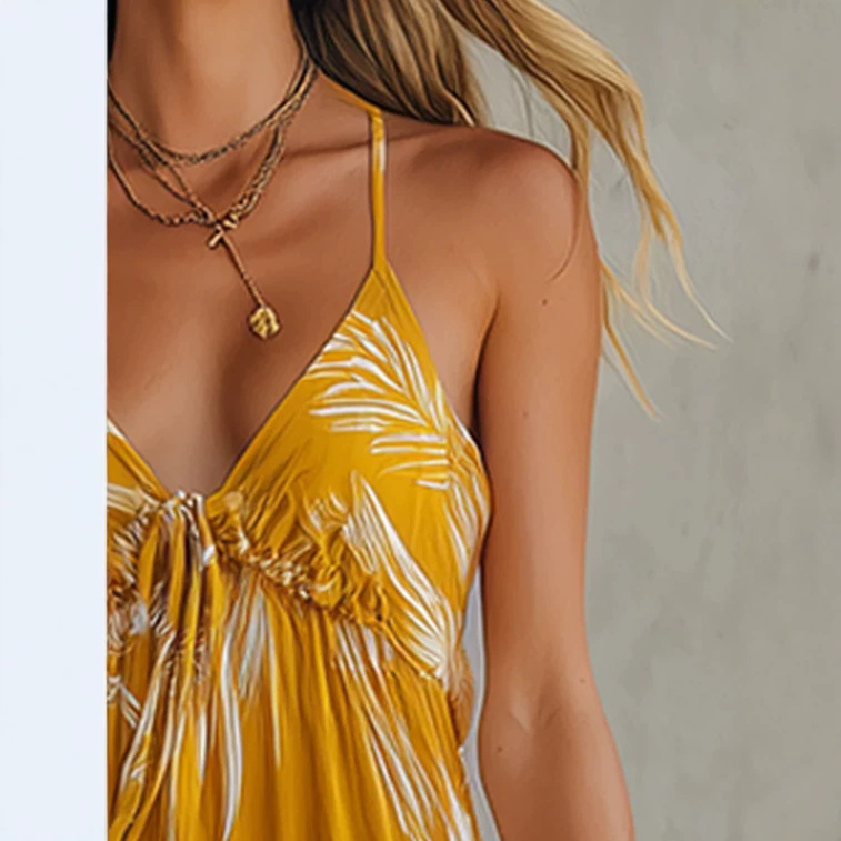Yellow Sleeveless V-Neck Chiffon Maxi Dress with Vintage Print