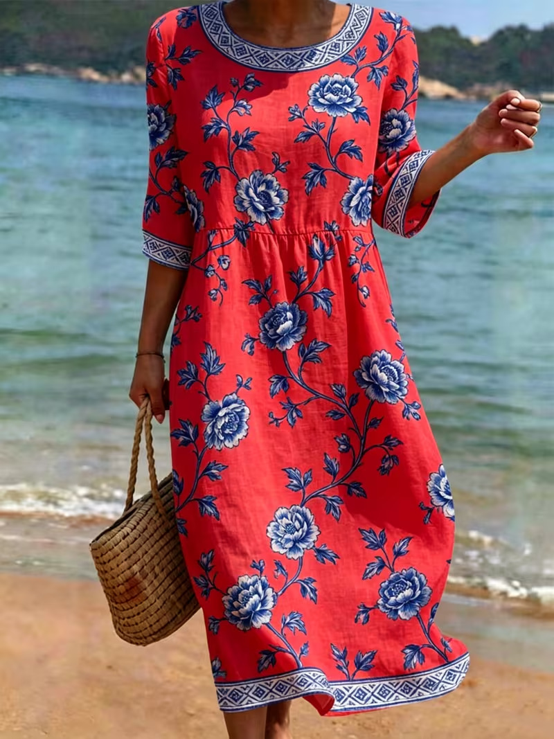 Women's Floral Print Midi Dress Crew Neck Half Sleeve Slim Fit Casual
