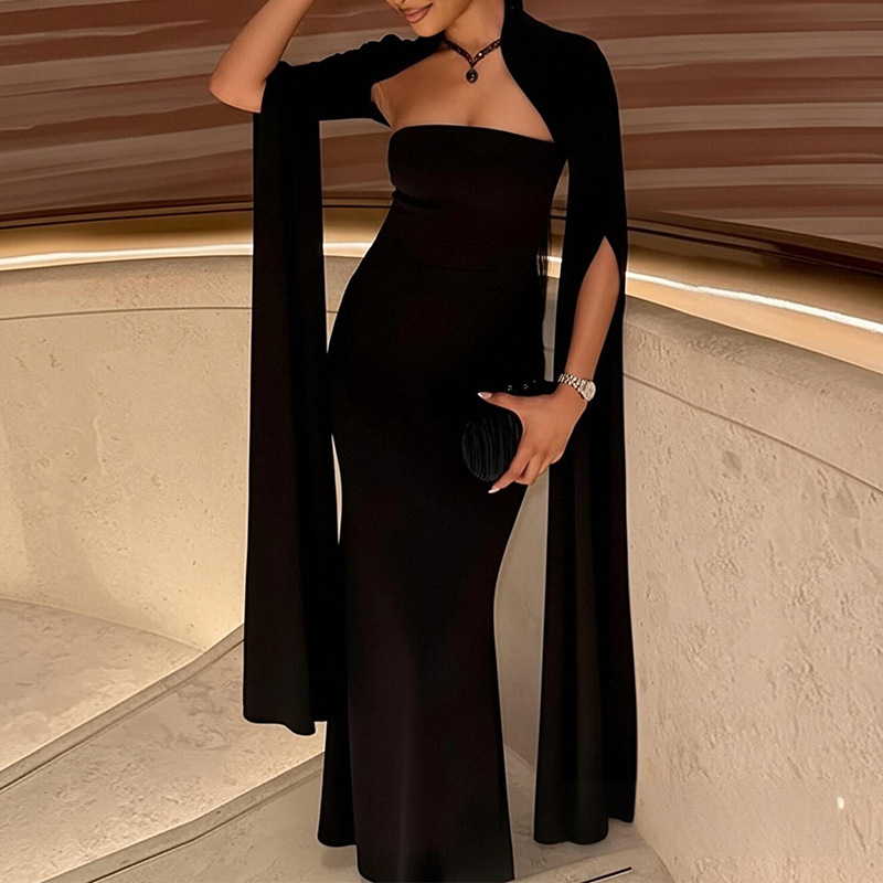 Women's Square Neck Long Sleeve Fitted Waist Dress