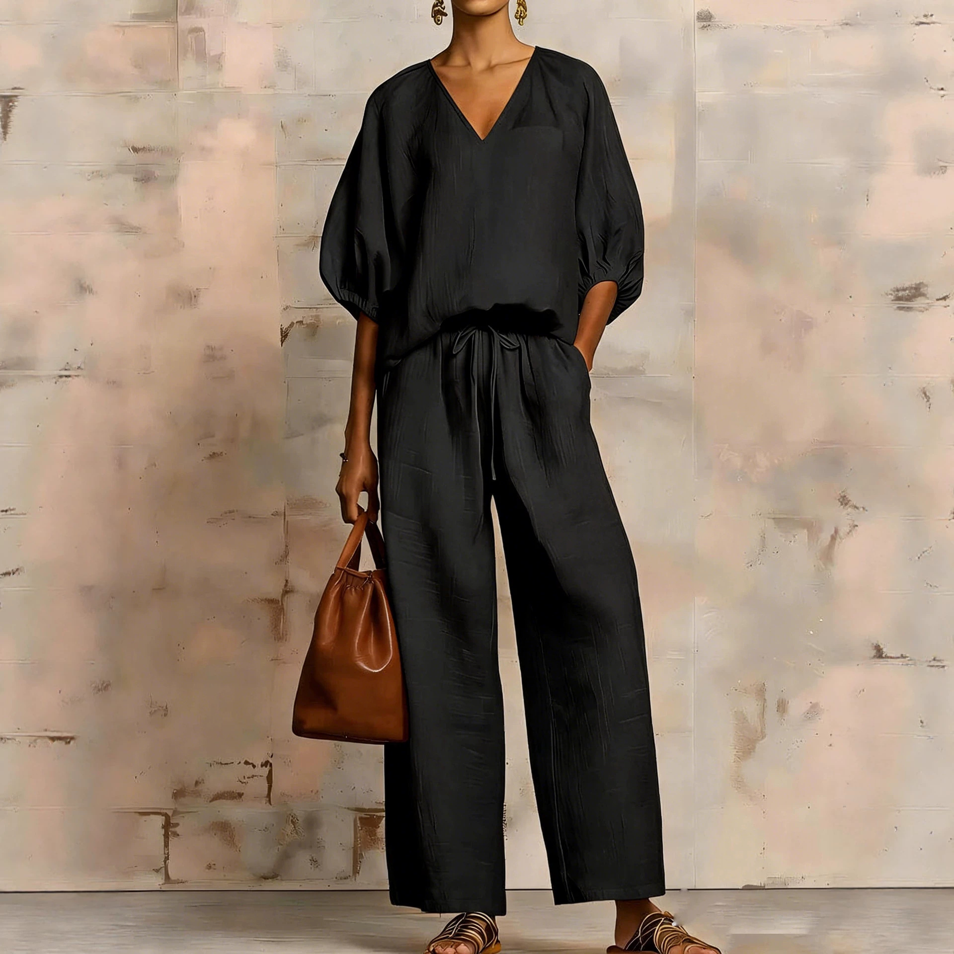 Minimalist Solid V-Neck Loose Two-Piece Set