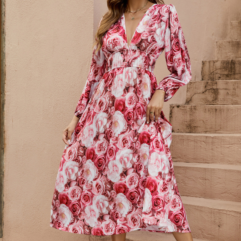 3D Rose Print Deep V Corset Lantern Sleeve Long Dress