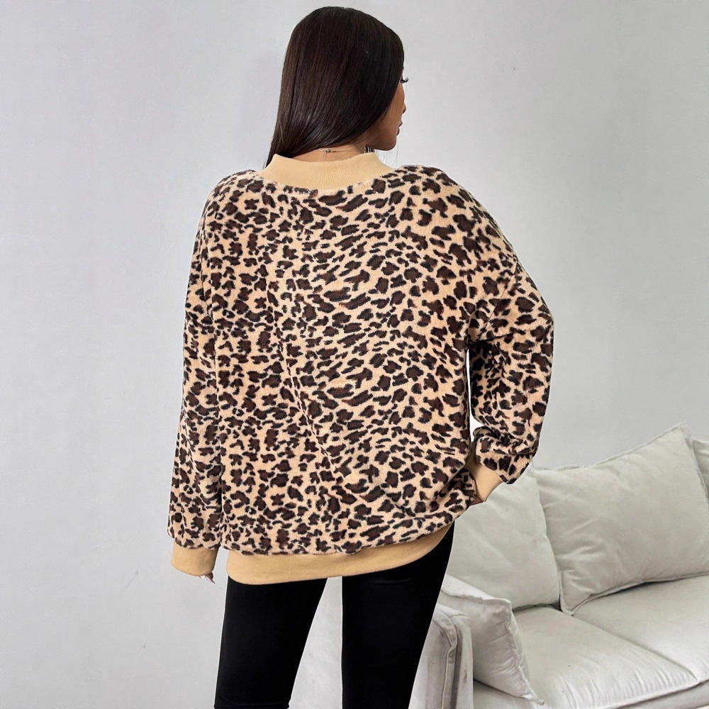 Women's V-Neck Leopard Print Fuzzy Pullover Sweatshirt