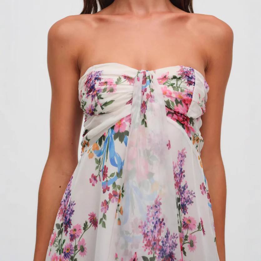Sexy French Floral Print Sheer Strapless A-Line Dress