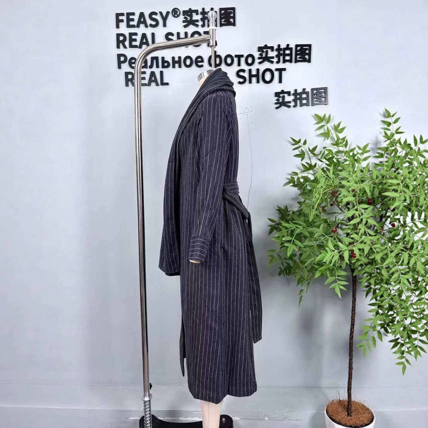 Women's Long Trench Coat with Scarf Striped Streetwear