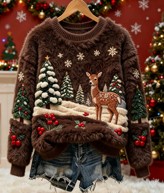 Christmas Reindeer Print Long-Sleeve Pullover Fleece Sweatshirt