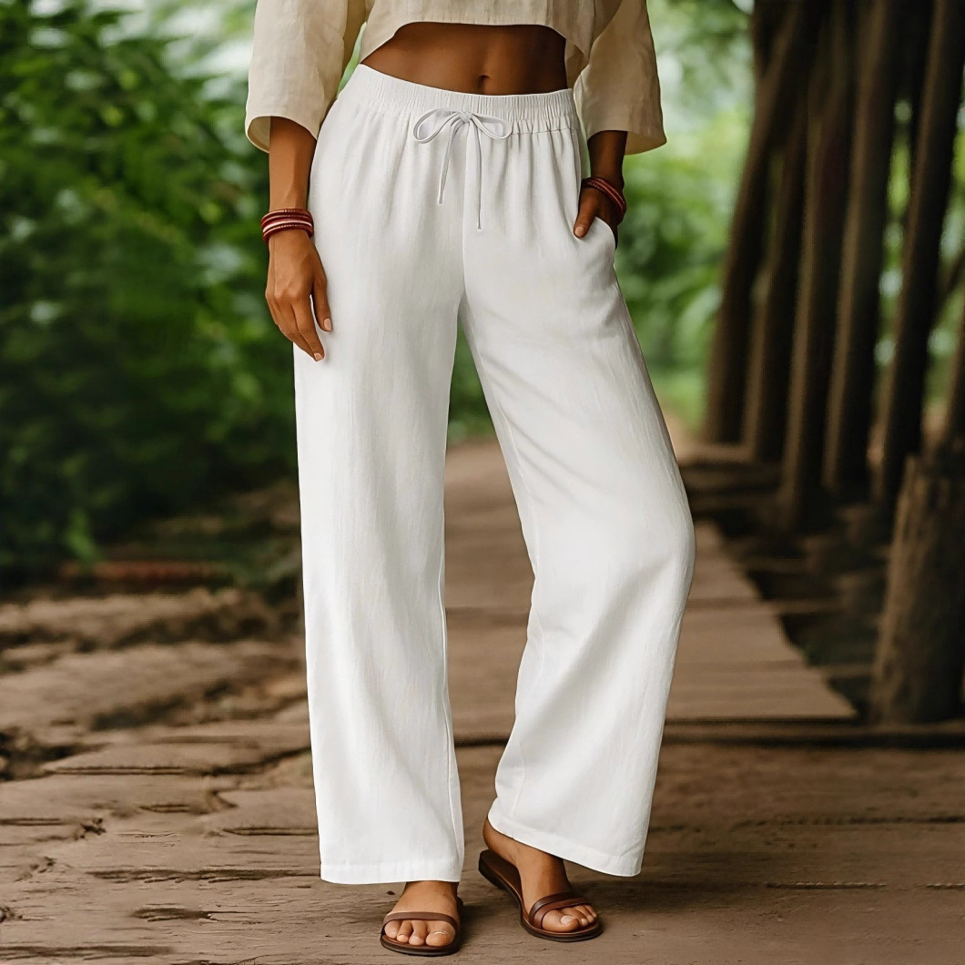 Women's Cotton-Linen Wide-Leg Pants High Waist Drawstring Casual