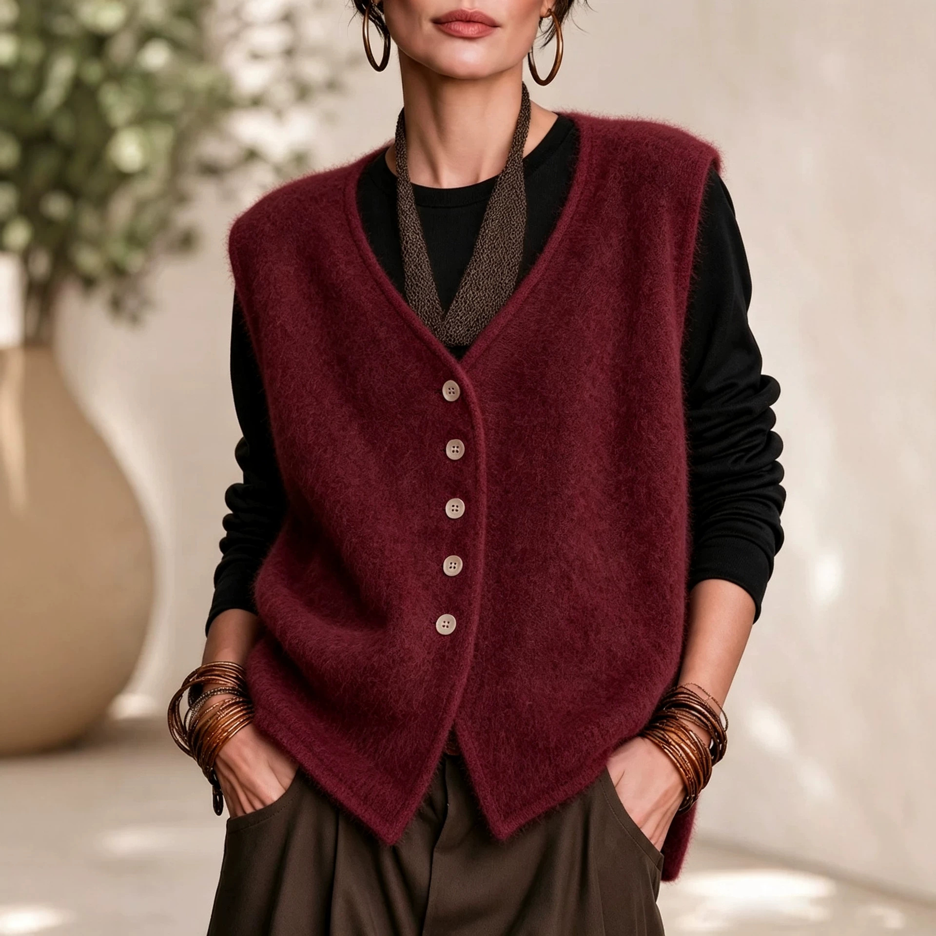 V-Neck Single-Breasted Loose Sleeveless Fleece Knit Vest