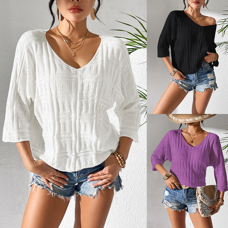 Solid V-Neck Knit Top – Loose Fit 3/4 Sleeve Lightweight Casual Pullover