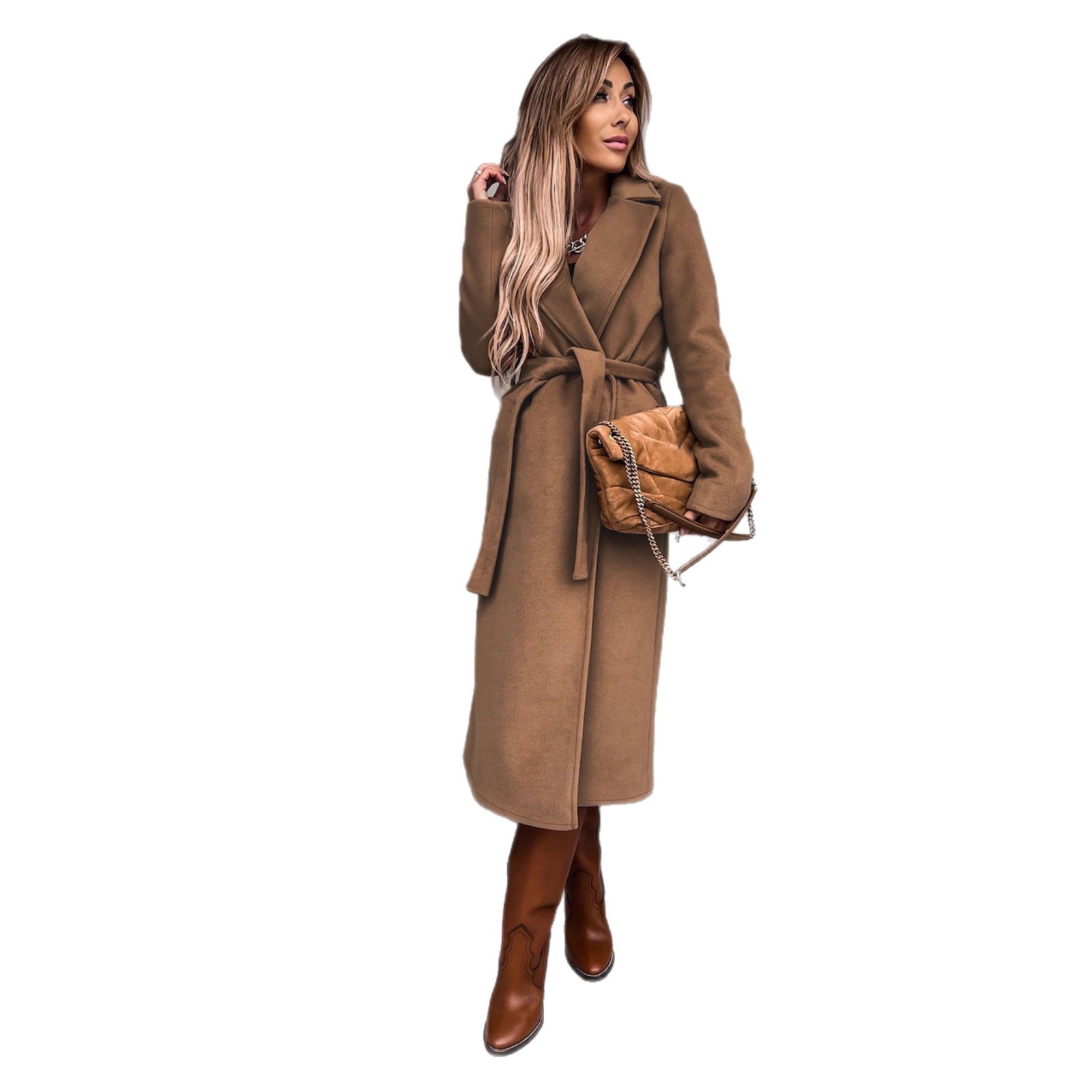 Women's Belted Wool Coat Long Loose Fit Lapel Collar