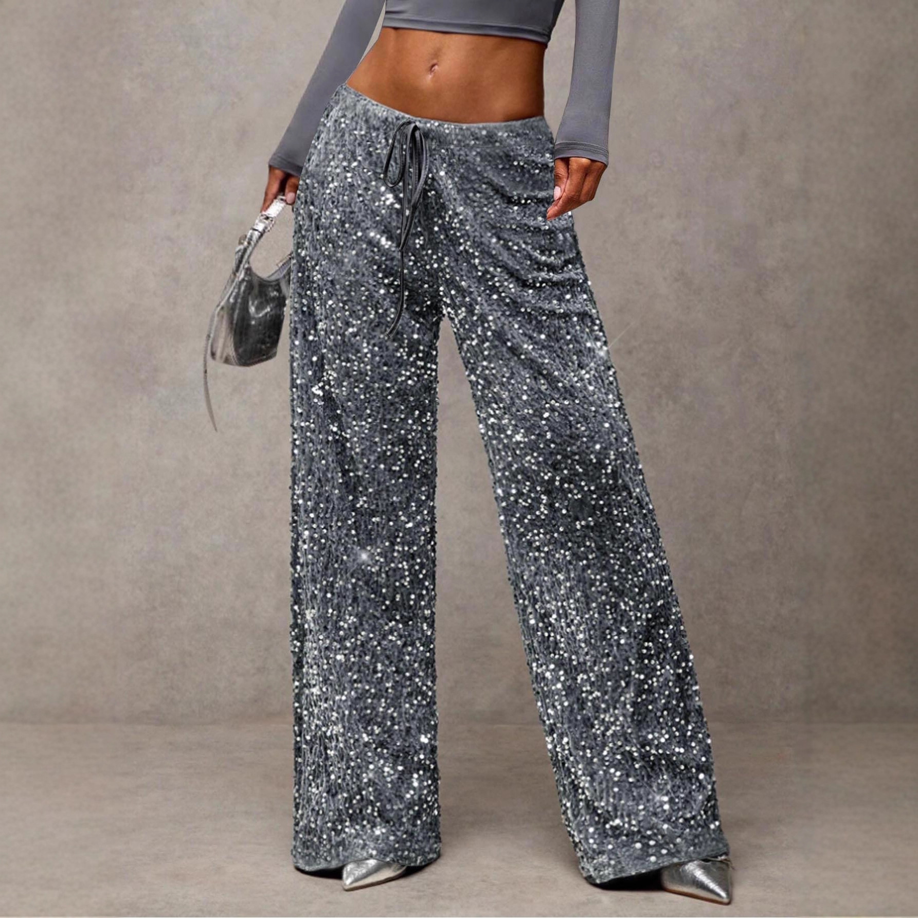 Sequin Drawstring Straight Leg Pants Stretch Slimming Women's
