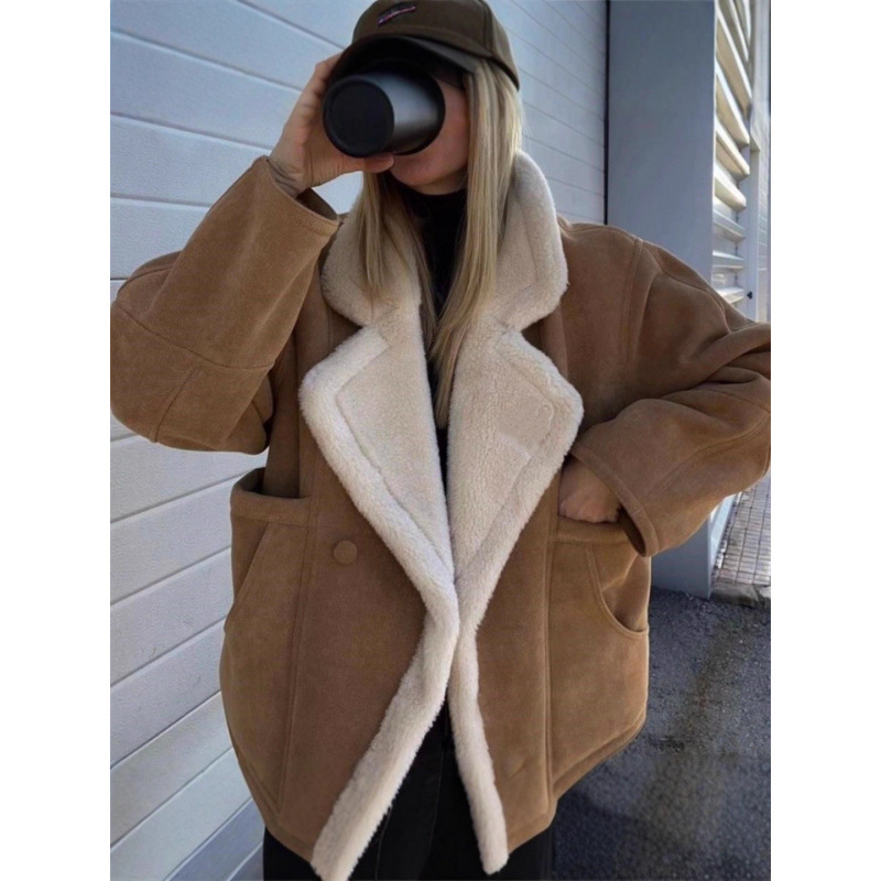 Women's Thick Warm Faux Shearling Coat Loose Fit Double-Breasted