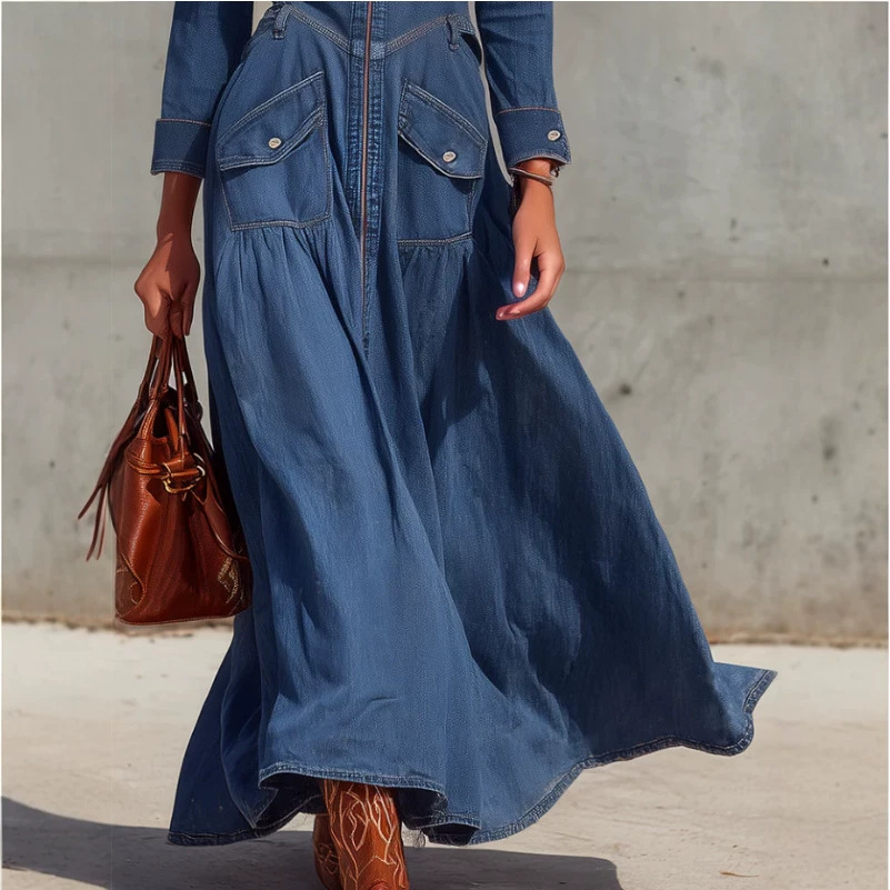 Retro Western Washed Denim Long-Sleeve Utility Pocket Shirt Dress
