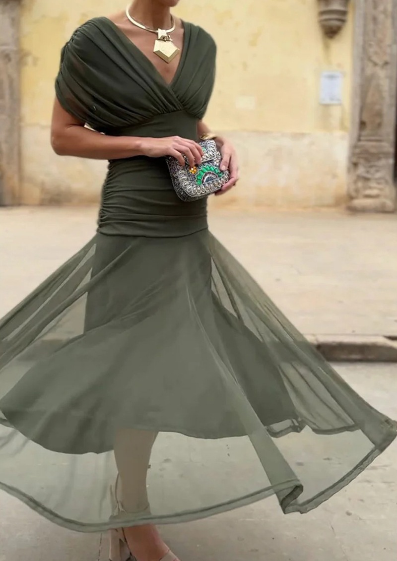 Elegant Solid Deep V-Neck Waist-Cinched Mesh Dress