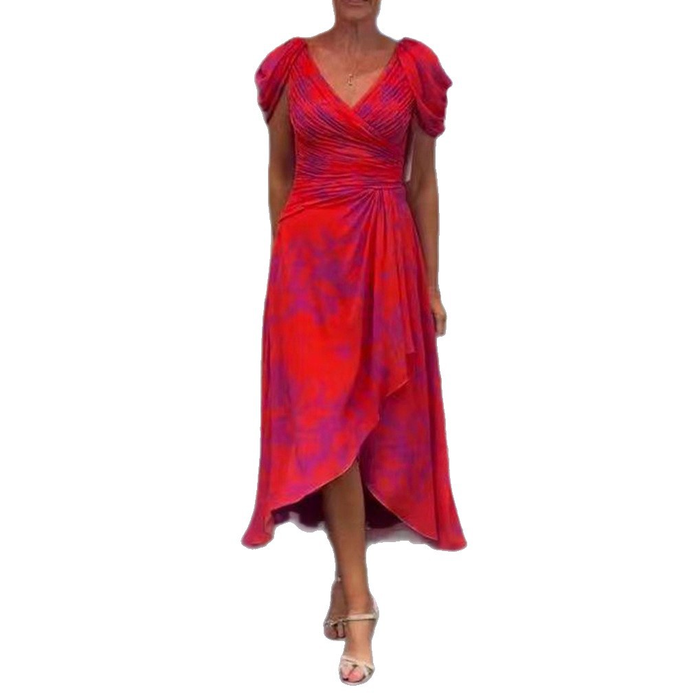 V-Neck Short Sleeve Cinched Waist Printed Casual Dress