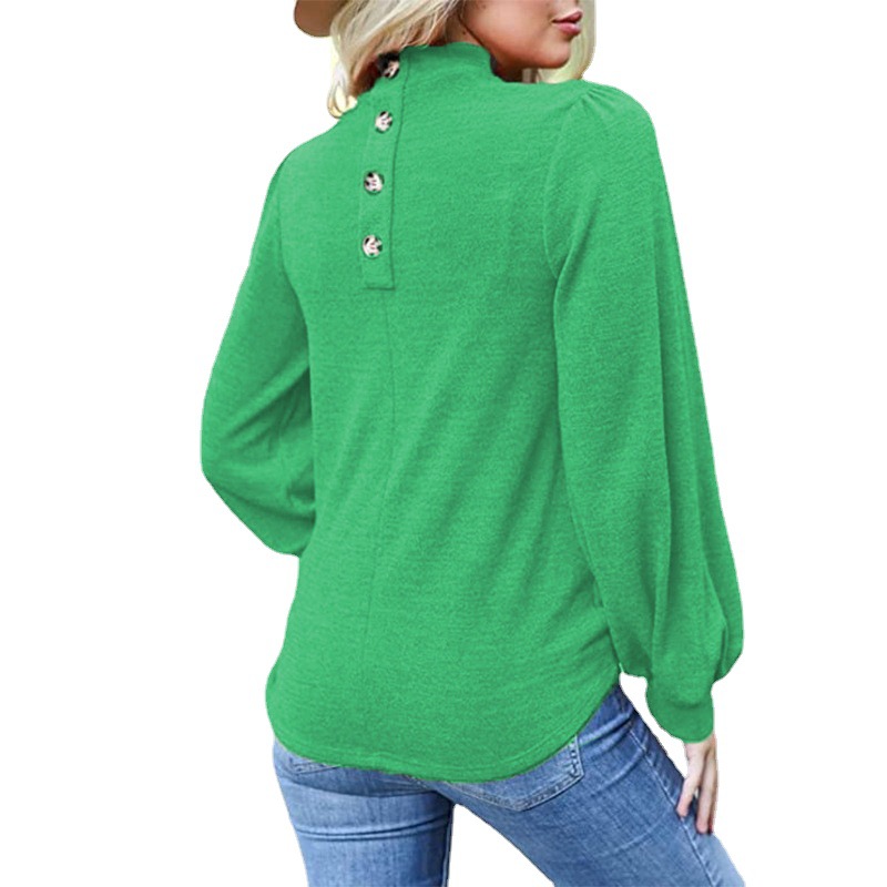 Button-Down High Neck Balloon Sleeve Loose Knit Sweater