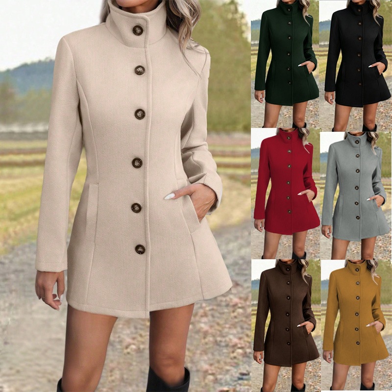 Women's Stand Collar Solid Wool Blend Coat Casual Loose Long