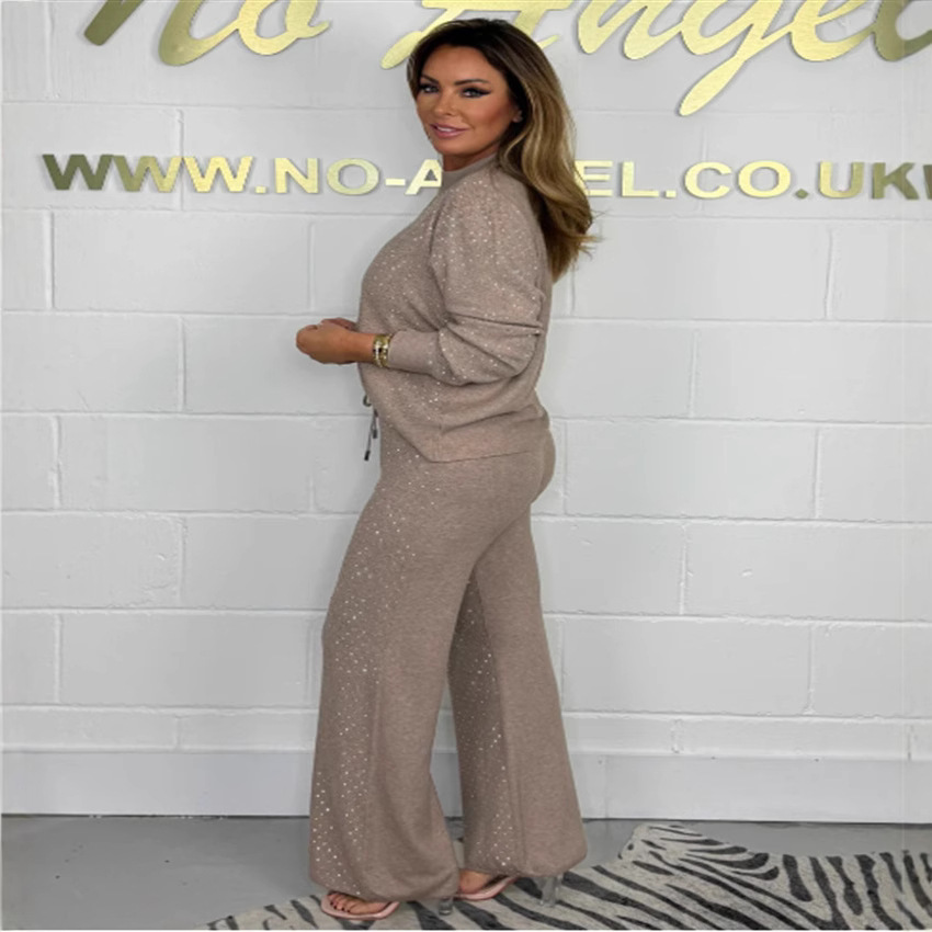 Rhinestone Long Sleeve Crewneck Top and Wide-Leg Pants Set