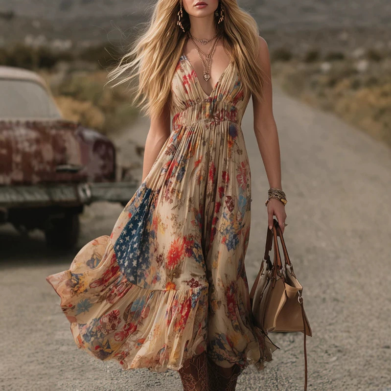 Retro Bohemian Khaki Floral Print Midi Dress