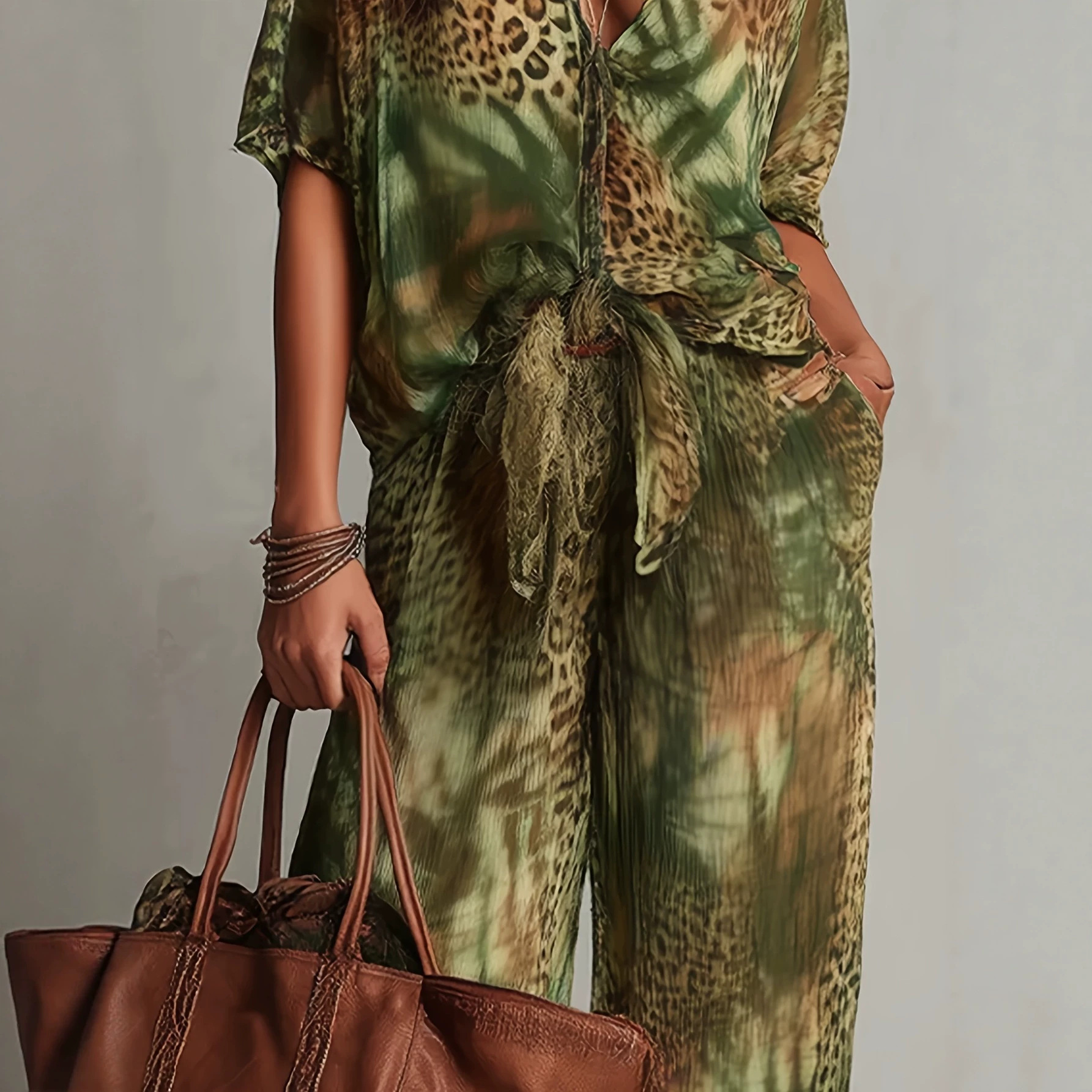 Women's Leopard Print Shirt and Wide-Leg Pants Set