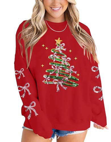 Women's Ribbon Bow Christmas Tree Print Crewneck Sweatshirt